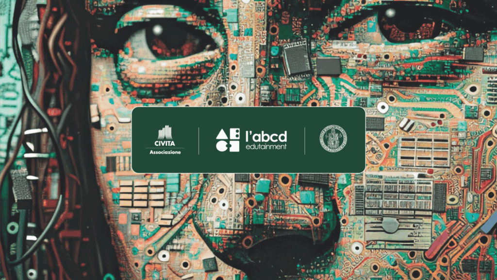 Immagine grafica che mostra il volto della Gioconda di Leonardo da Vinci composto da microchip e circuiti elettronici, simbolo dell’intelligenza artificiale, con i loghi dell’Associazione Civita, de L’ABCD Edutainment e dell’Università degli Studi di Napoli Federico II sovrapposti centralmente.
